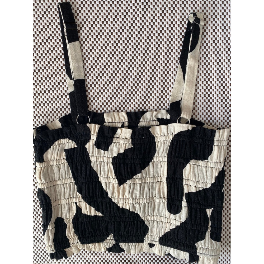 Paper Heart Crop Top Womens S Black White Abstract Smocked Linen Blend Strappy